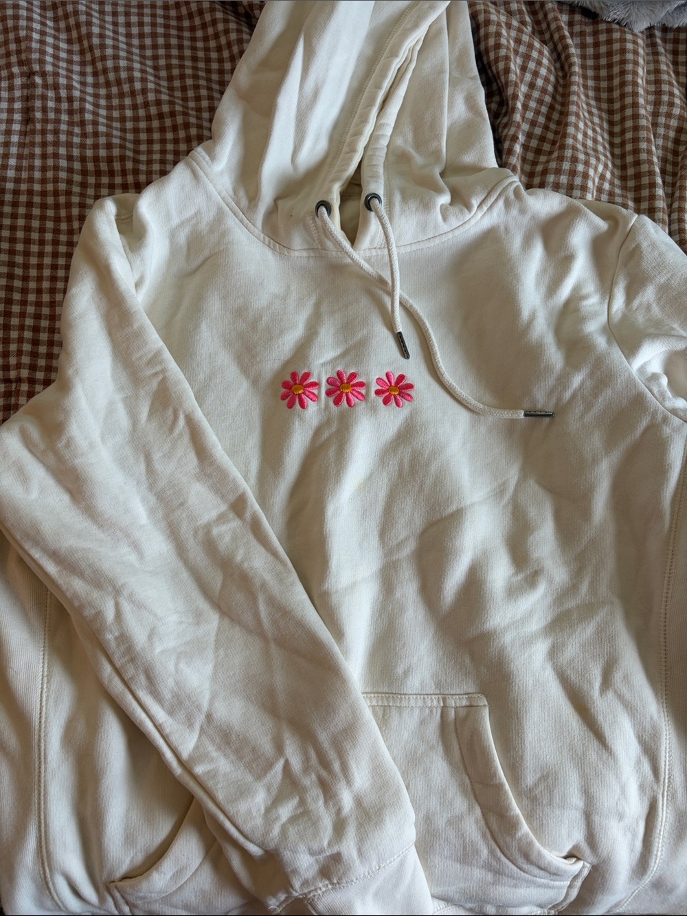 Cream Hoodie with Pink Daisy Embroidery